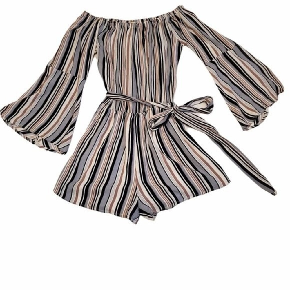 Kori America Multi Color Striped Off the Shoulder Bell Sleeve Romper sz S